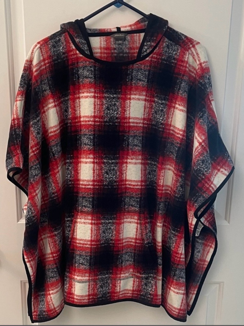 Eddie Bauer Fleece Red and Black Plaid Poncho with hood/pocket